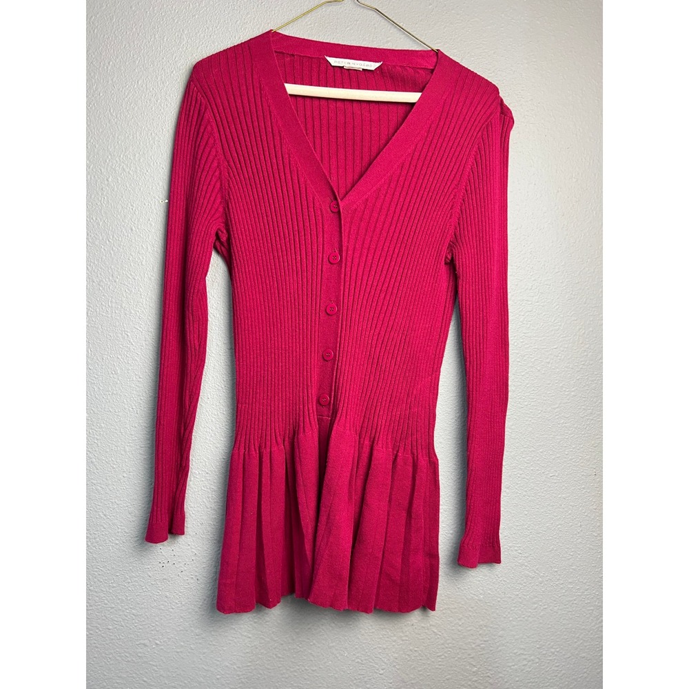 Peter Nygard Magenta Pink Ribbed Peplum Button Front Cardigan‎ Sweater Fairycore